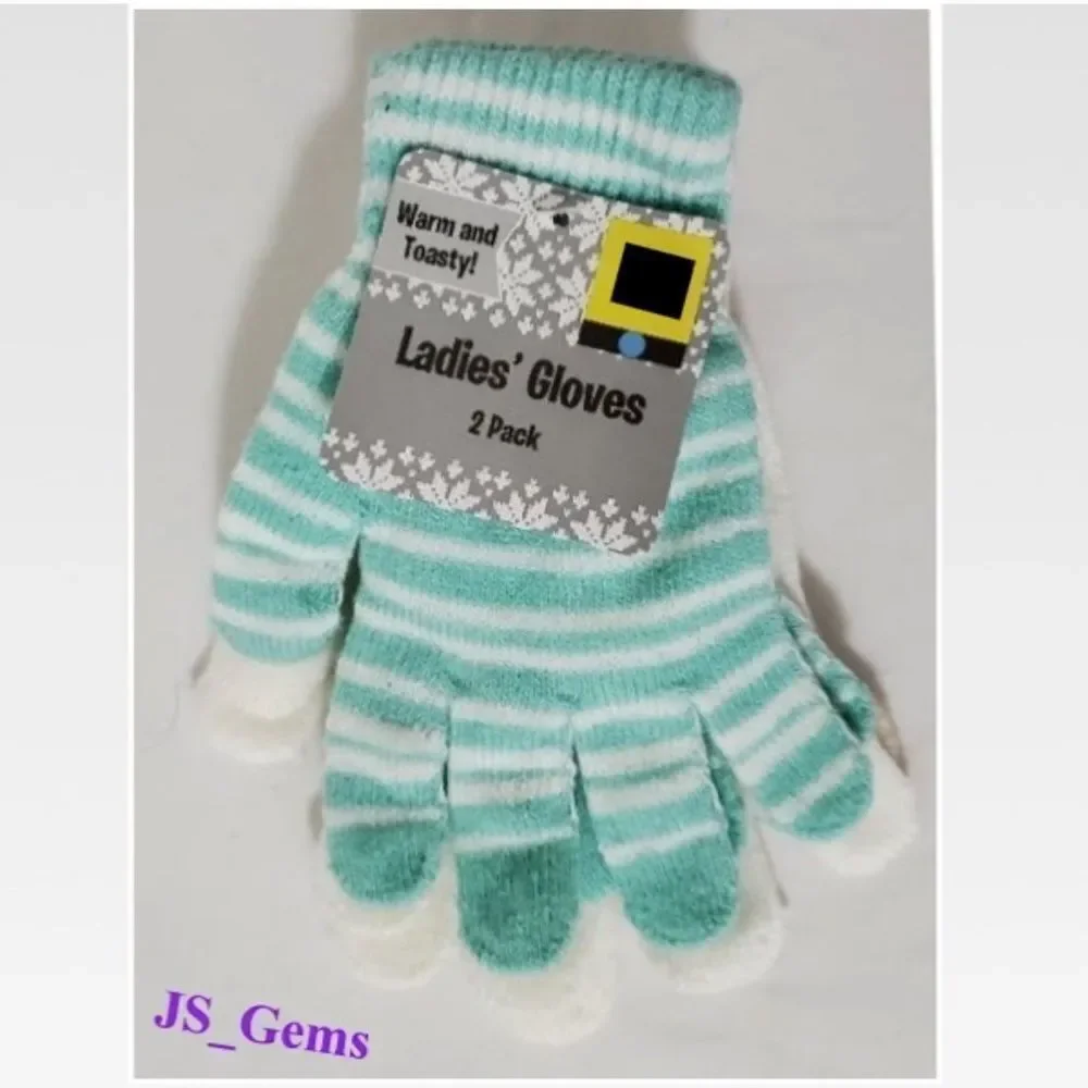 New 2 Pair Gloves Women’s Knit White Green Striped Warm Stretchy NWT